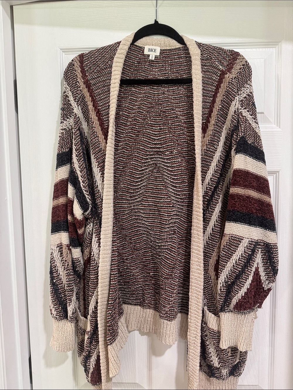 BKE Open-Front Striped Cardigan - Cream, Brown & Black